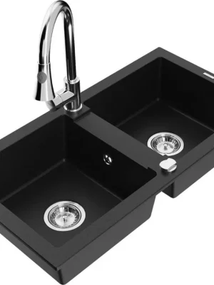 Levný MEXEN/S - Mario granitový dřez 2-bowl včetně baterie Elia, černá 6504-77-670101-00