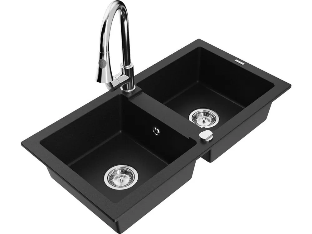 Levný MEXEN/S - Mario granitový dřez 2-bowl včetně baterie Elia, černá 6504-77-670101-00
