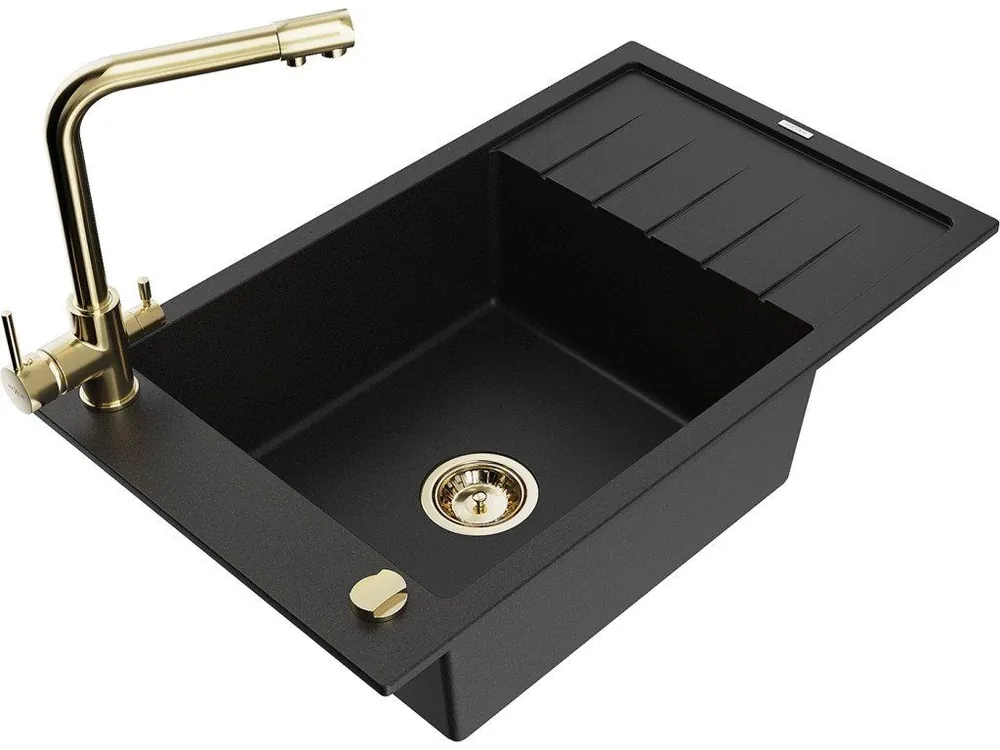 MEXEN/S - Elias granitový dřez 1-miska včetně baterie Duero, černá 6511-77-671600-50 Výhodná Nabídka