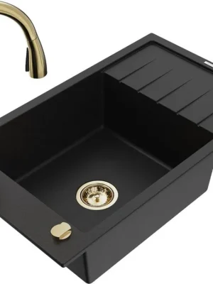 Finální Výprodej MEXEN/S - Elias Elias granitový dřez 1-miska s odkapávačem včetně baterie Savita, černá 6511-77-672601-50