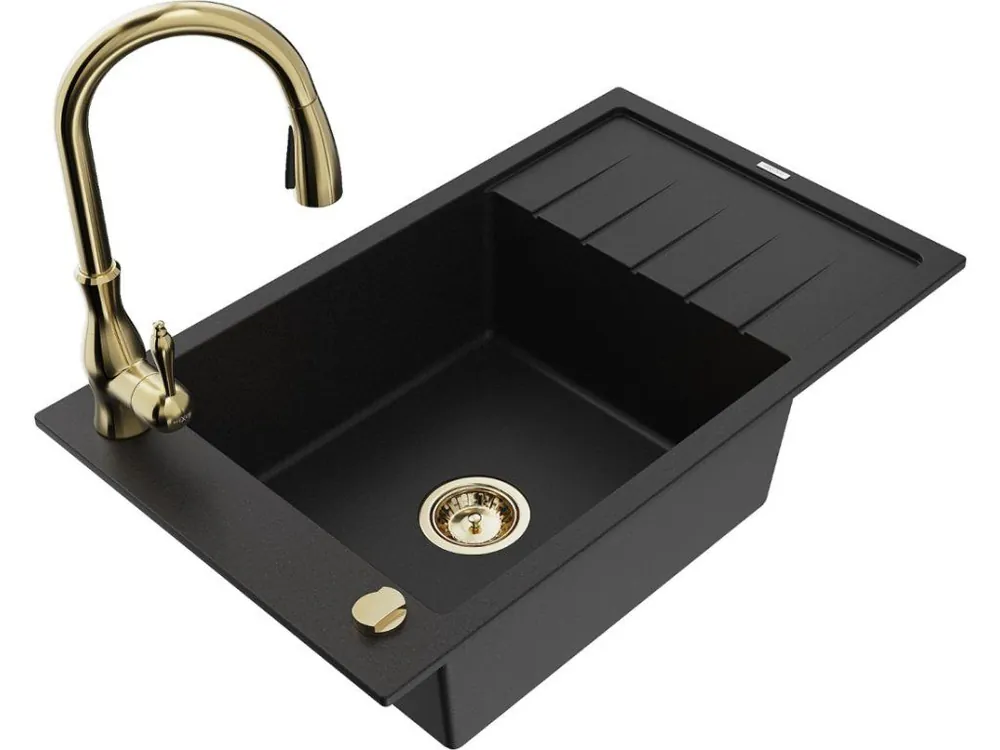 Finální Výprodej MEXEN/S - Elias Elias granitový dřez 1-miska s odkapávačem včetně baterie Savita, černá 6511-77-672601-50