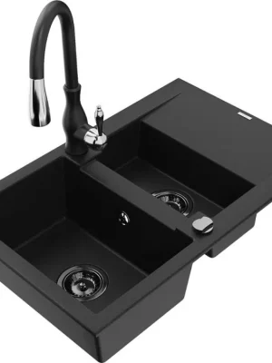MEXEN/S - Gaspar granitový dřez 1.5 s odkapávačem včetně baterie Savita, černá 6507-77-672601-70-B Nízká Cena