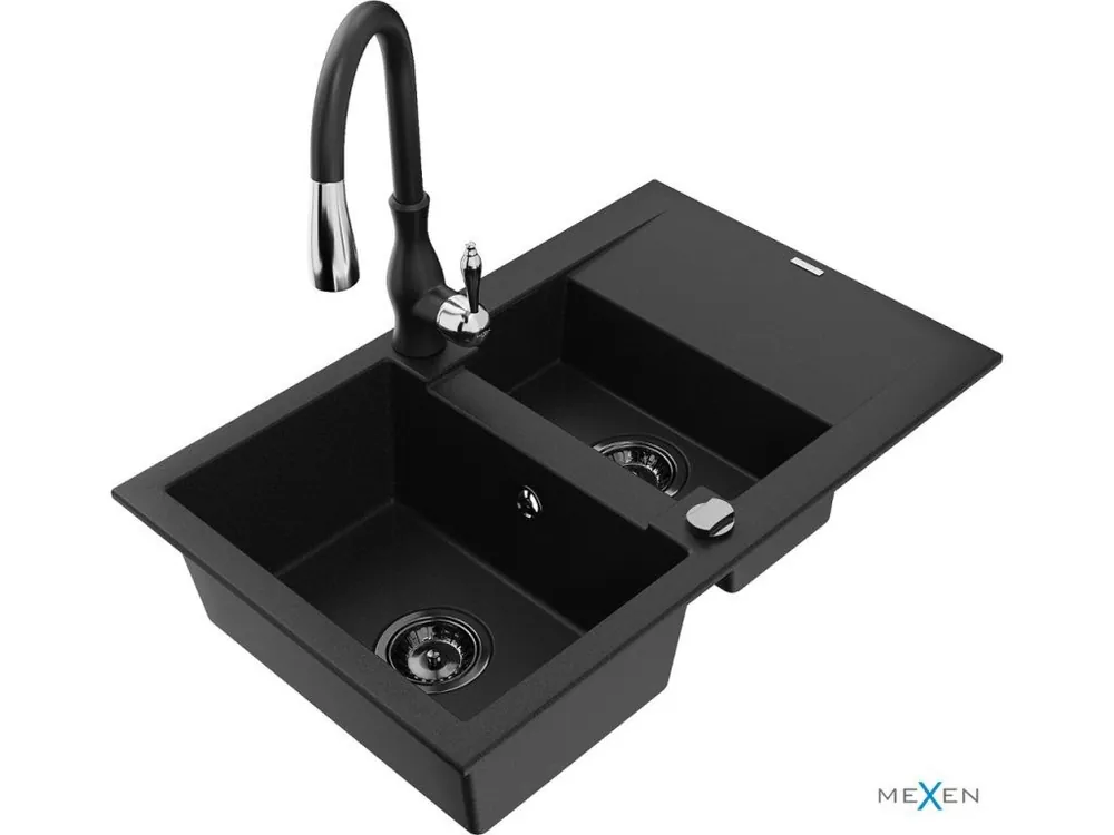 MEXEN/S - Gaspar granitový dřez 1.5 s odkapávačem včetně baterie Savita, černá 6507-77-672601-70-B Nízká Cena