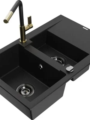 Rychlé Dodání MEXEN/S - Gaspar granitový dřez 1.5 s odkapávačem včetně baterie Flora, černá 6507-77-670401-57-B