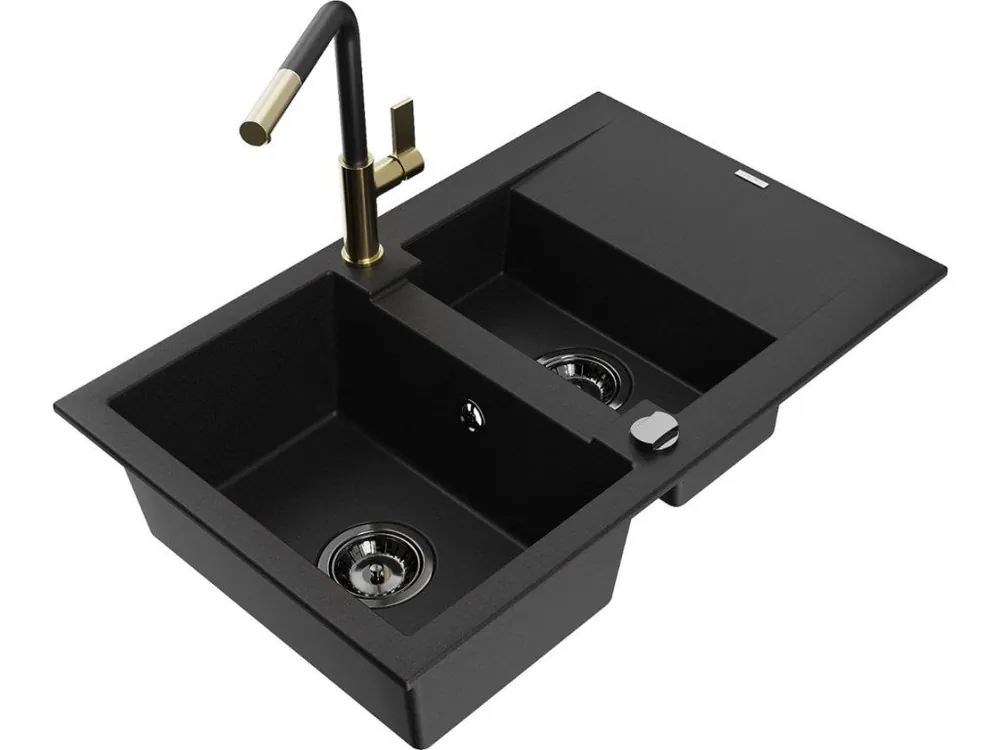 Rychlé Dodání MEXEN/S - Gaspar granitový dřez 1.5 s odkapávačem včetně baterie Flora, černá 6507-77-670401-57-B