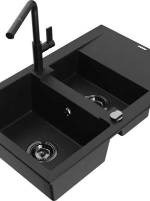 Horká Nabídka MEXEN/S - Gaspar granitový dřez 1.5 s odkapávačem včetně baterie Flora, černá 6507-77-670401-70-B