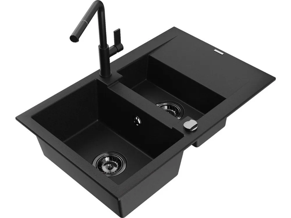 Horká Nabídka MEXEN/S - Gaspar granitový dřez 1.5 s odkapávačem včetně baterie Flora, černá 6507-77-670401-70-B