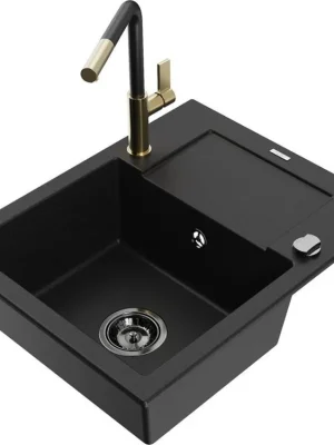 Levný MEXEN/S - Enzo granitový dřez 1-miska s odkapávačem včetně baterie Flora, černá 6506-77-670401-57-B