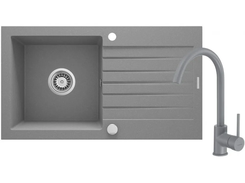 Značkový DEANTE - Zorba šedá metalic - Granitový dřez včetně baterie, 1 - bowl s odkapávačem ZQZBS113