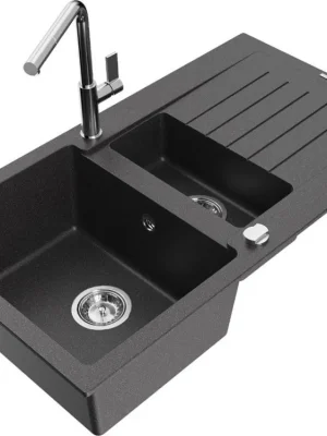 Značkový MEXEN/S - Matias granitový dřez 1.5 s odkapávačem včetně baterie Flora, černá kropenatá 6502-76-670401-00