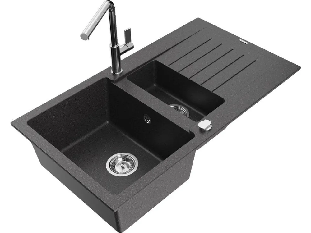 Značkový MEXEN/S - Matias granitový dřez 1.5 s odkapávačem včetně baterie Flora, černá kropenatá 6502-76-670401-00